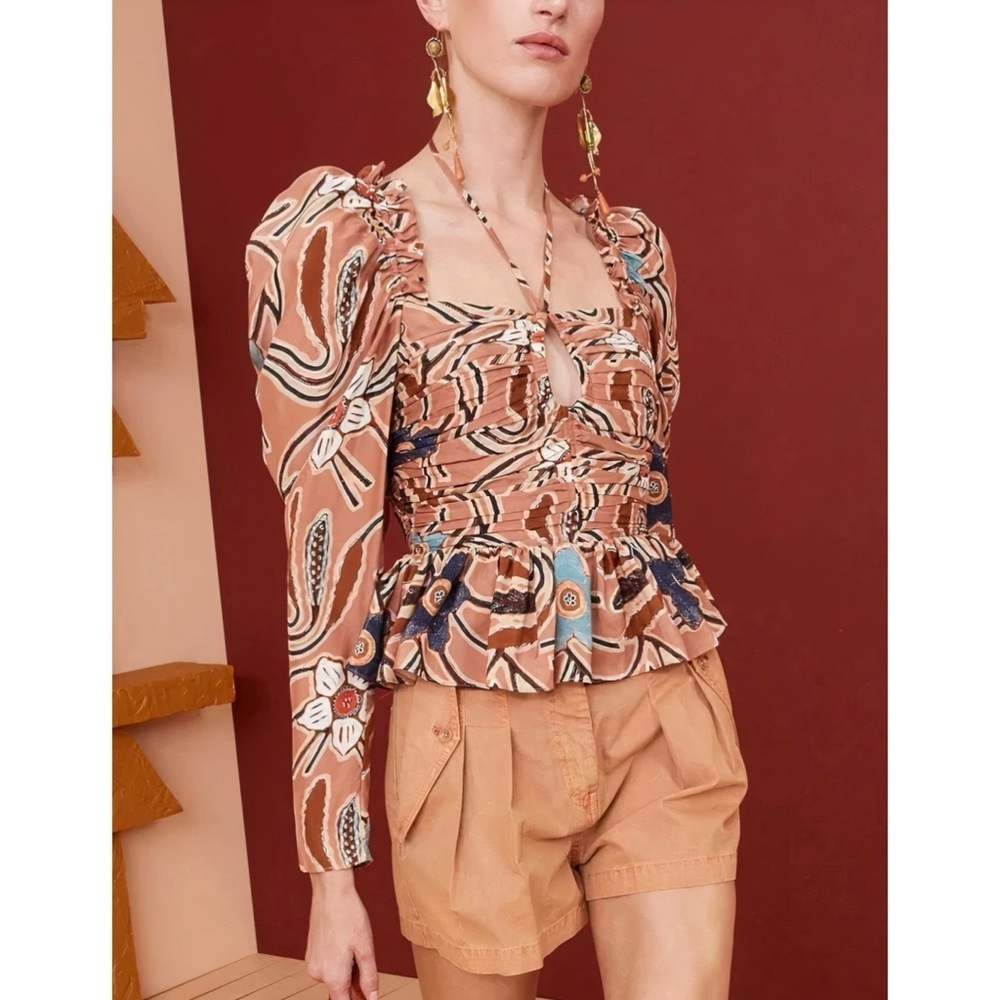 Ulla Johnson Silk Floral Long-Sleeve Mirelle Peplum Blouse